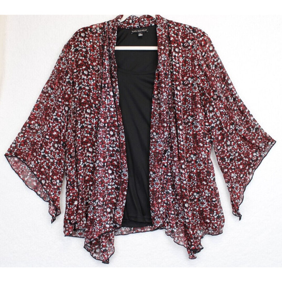 Sara Michelle Metallic Bell Sleeves Blouse Under Tank Women L Boho Black Red - Picture 1 of 10